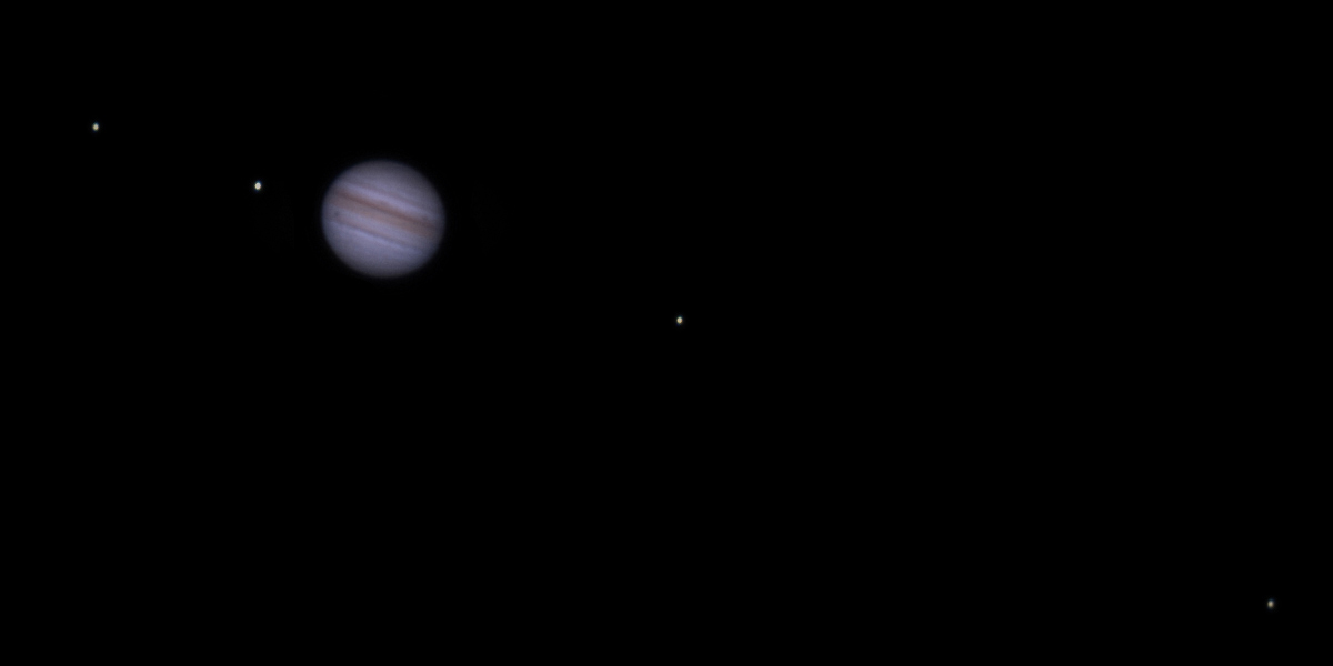 Der Planet Jupiter mit seinen vier größten Monden, die 1610 von Galileo Galilei entdeckt wurden: Io, Europa, Ganymed und Kallisto.