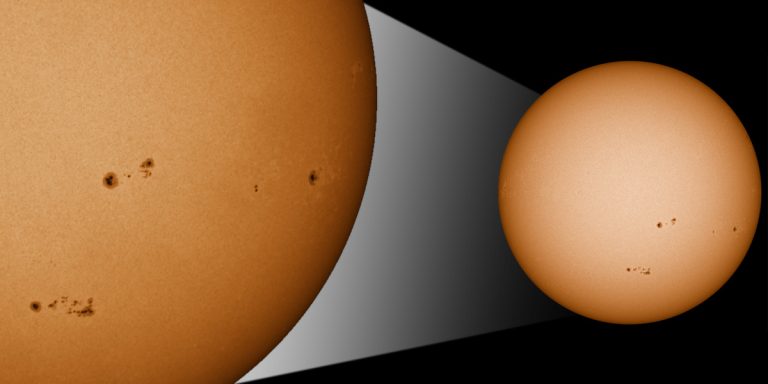 Die Sonne mit Ihren Sonnenflecken. Diese sind in der linken Bildhälfte noch einmal vergrößert Dargestellt.