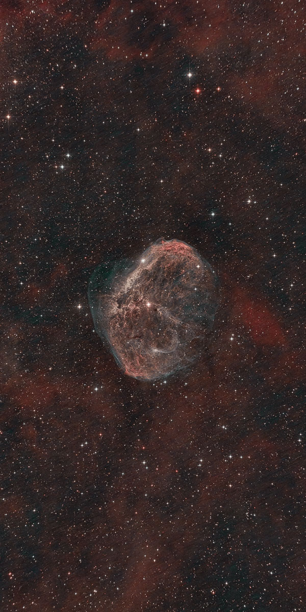 Der Emissionsnebel NGC6888. Er zeichnet sich deutlich vom rotnebligen Hintergrund ab und wirkt wie ein Ball im Weltraum.